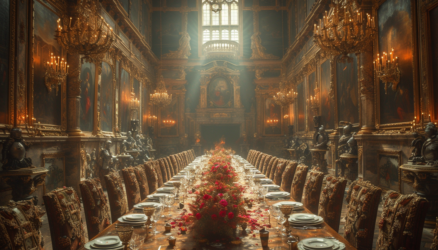 Step into a medieval castle's grand hall, adorned with tapestries, suits of armor, and a long dining table set for a royal feast.