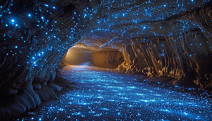 Enter a subterranean cavern illuminated by bioluminescent fungi, creating an eerie, phosphorescent underground world.