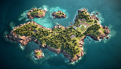 An archipelago of small islands seen from a bird's eye view.