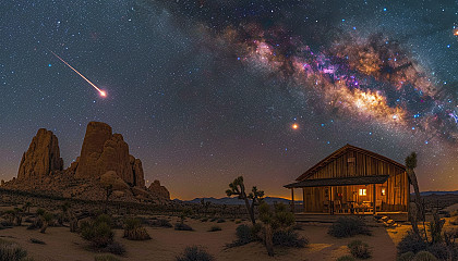 Witness a breathtaking meteor shower in a desert landscape, with shooting stars streaking across the vast, open night sky.