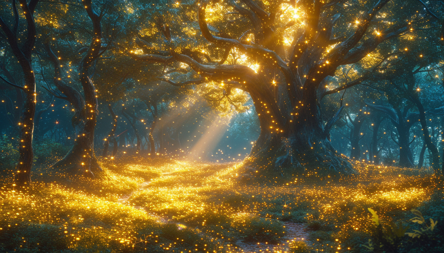 Discover a tranquil forest glade bathed in dappled sunlight, where ancient trees stand tall, fireflies dance, and a sense of wonder fills the air.