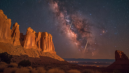 Witness a breathtaking meteor shower in a desert landscape, with shooting stars streaking across the vast, open night sky.