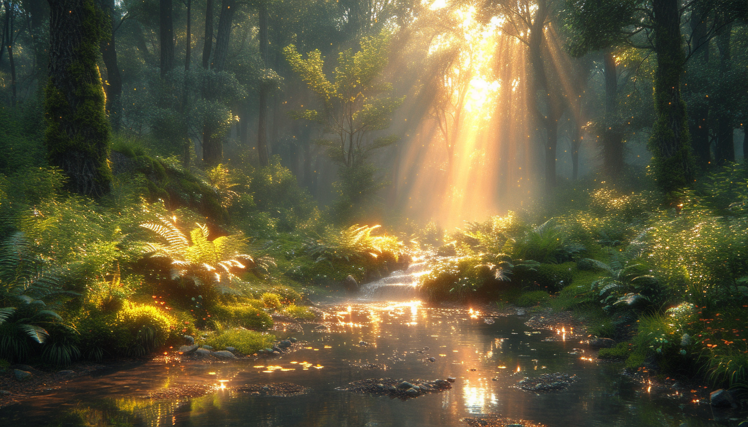 Explore a serene forest glade at dawn, with sunlight filtering through ancient trees, casting a gentle glow on dew-kissed ferns and a babbling brook.