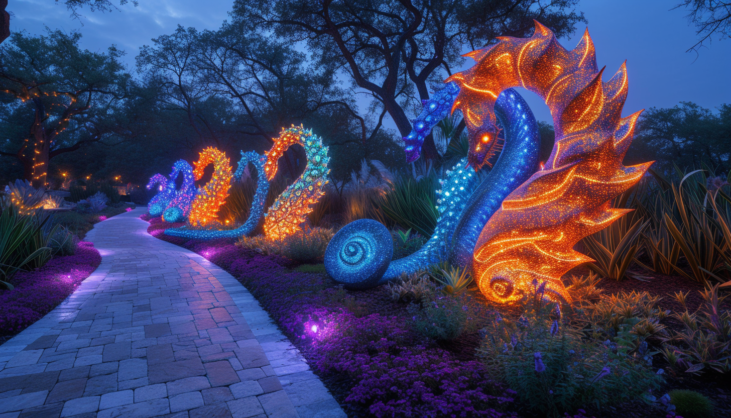 Wander through a mystical garden of mythical creatures, where bioluminescent flora and fauna create an enchanting ambiance under the starry night sky.