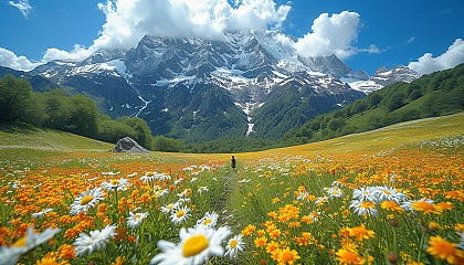 An alpine meadow in full bloom, surrounded by snow-capped mountains, wildflowers, and the sounds of nature.