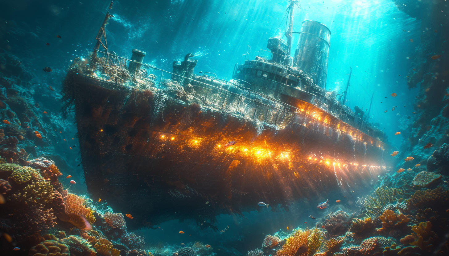 Deep-sea adventure scene with a submarine exploring a coral-covered shipwreck, surrounded by bioluminescent creatures.