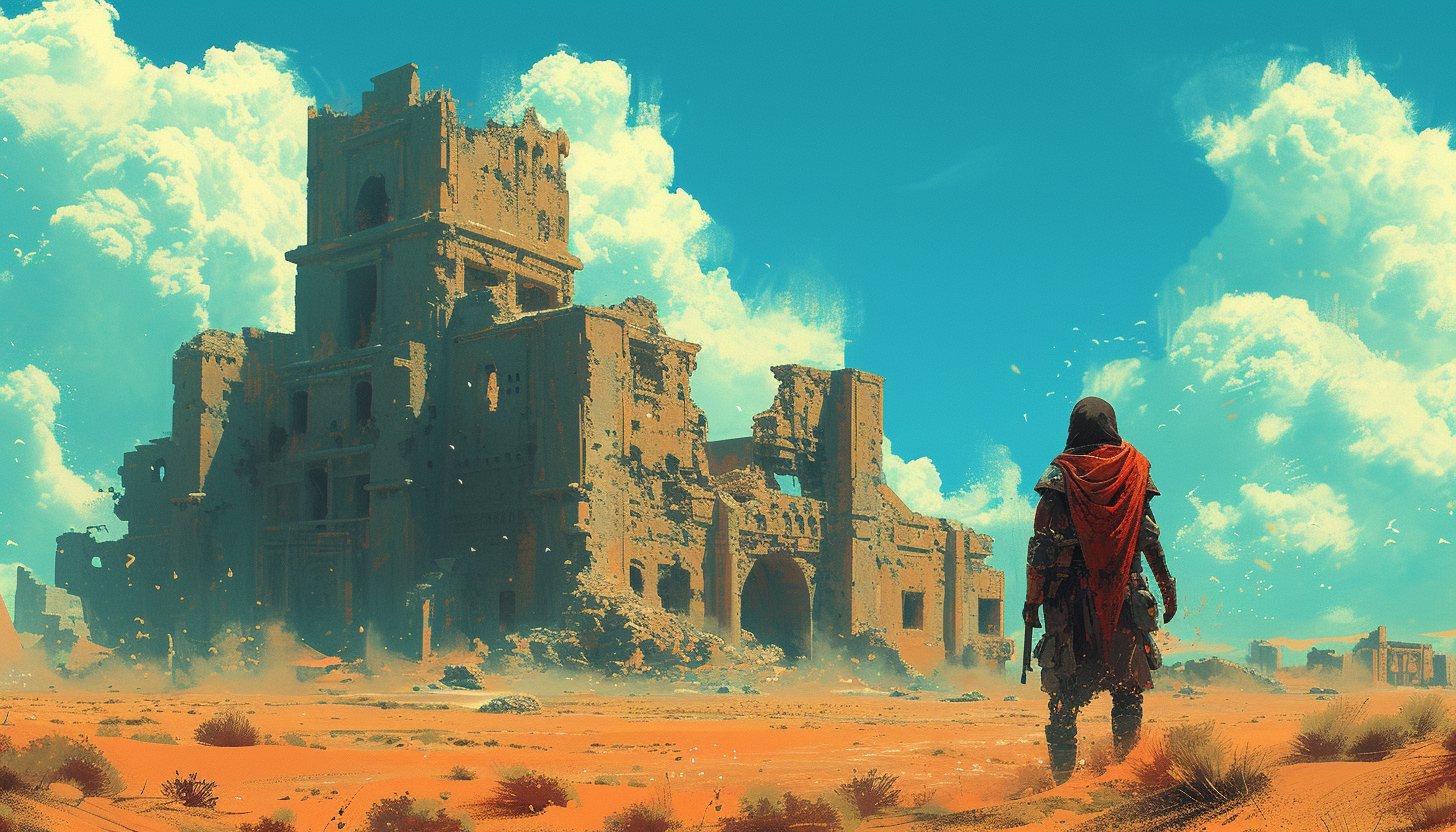 Survive a post-apocalyptic desert landscape, with sand dunes, abandoned ruins, and a lone wanderer searching for signs of life.