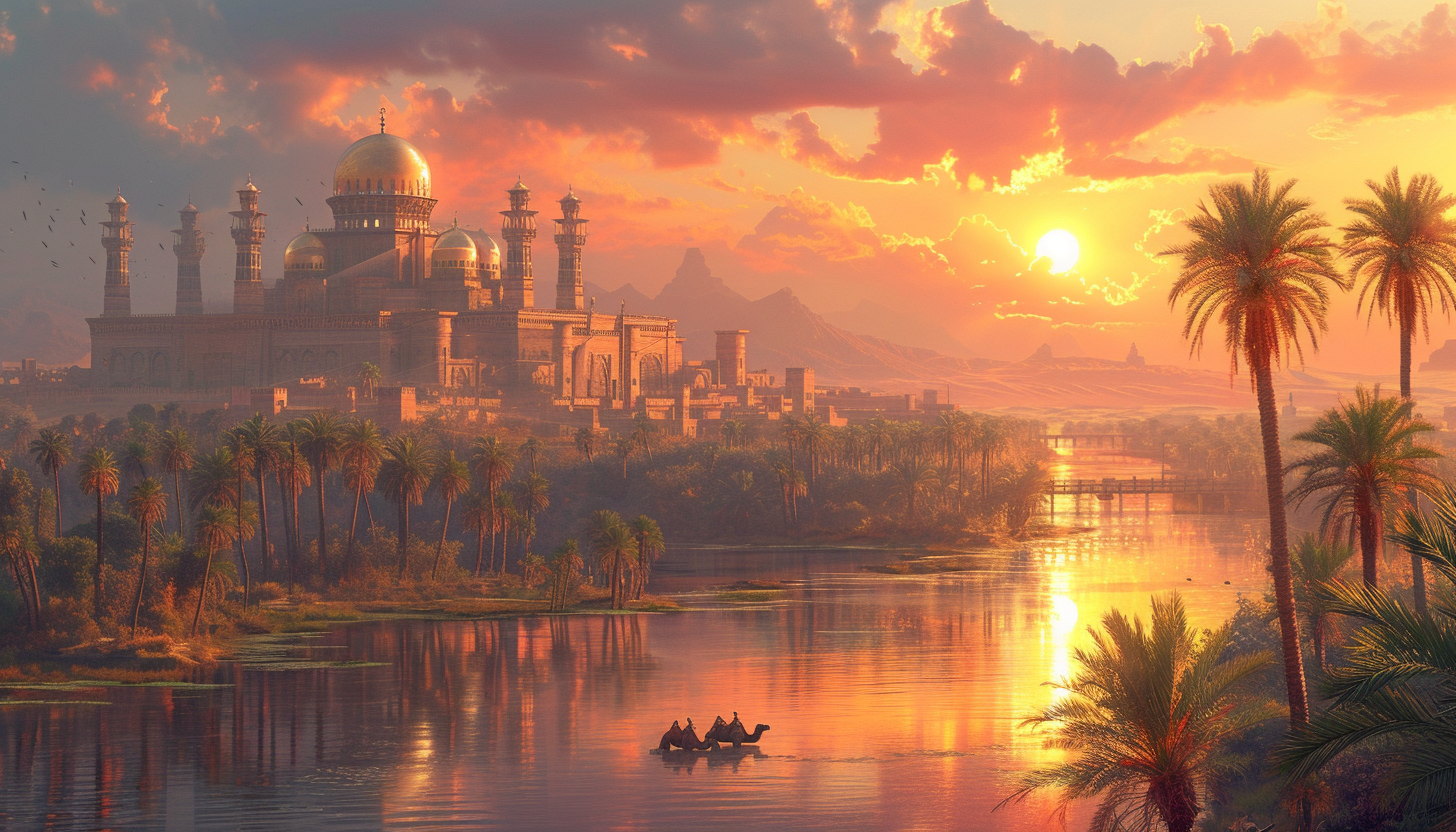 Desert oasis at sunset, with towering palm trees, a tranquil pond, camels resting, and ancient ruins in the background.