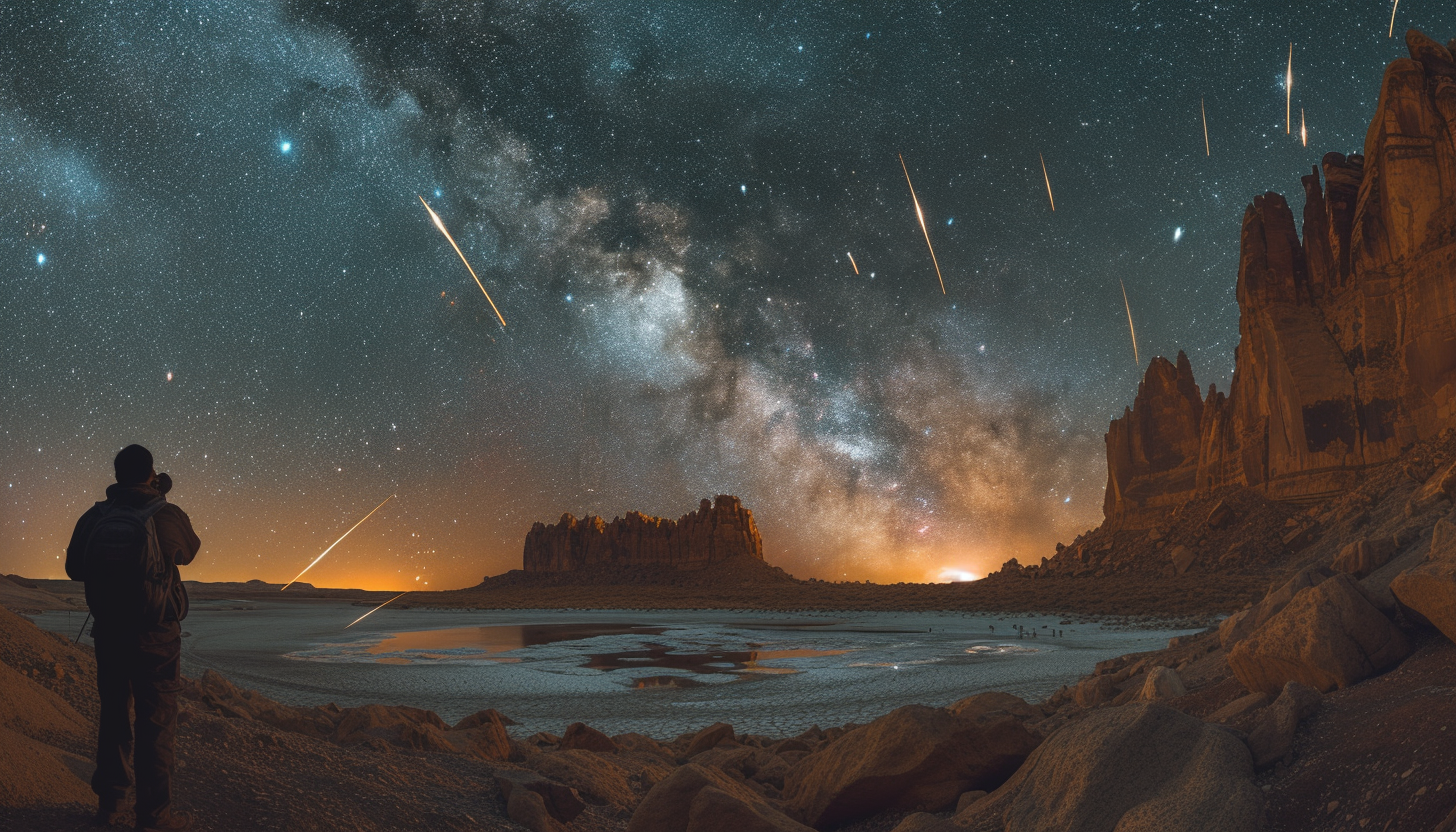 Witness a breathtaking meteor shower in a desert landscape, with shooting stars streaking across the vast, open night sky.