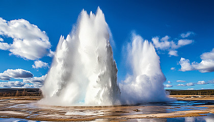 Majestic geysers erupting under a clear blue sky.