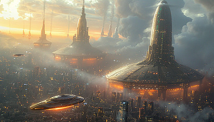 Design a high-tech metropolis of the future, where sleek, glass buildings stretch into the sky, and hovercrafts zip through translucent highways.