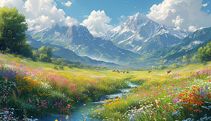 A verdant valley in springtime, with a bubbling stream, colorful wildflowers, grazing animals in the distance, and a quaint wooden bridge crossing the water.