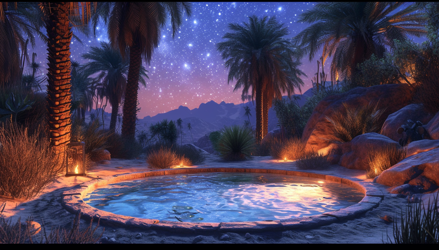 Nighttime in a desert oasis under a canopy of stars, with palm trees surrounding a small, serene pool of water, and the gentle rustling of nocturnal creatures.