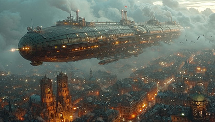 Navigate a dieselpunk cityscape, where steam-powered machinery, towering smokestacks, and airships define the industrial age.