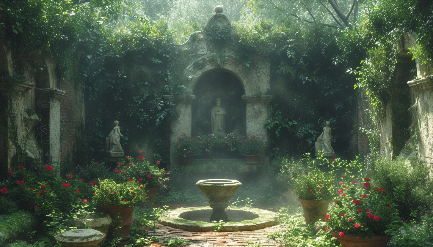 Discover a secret garden hidden within an overgrown maze, filled with hidden treasures, enchanting statues, and a sense of mystery.