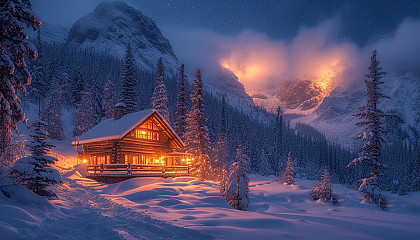 Cozy mountain cabin at winter night, surrounded by snow-covered trees, with warm light from windows and a starry sky above.