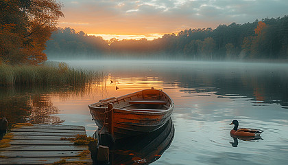 Tranquil lakeside retreat at dawn, with a wooden pier, rowboat, ducks swimming, and mist rising from the water.