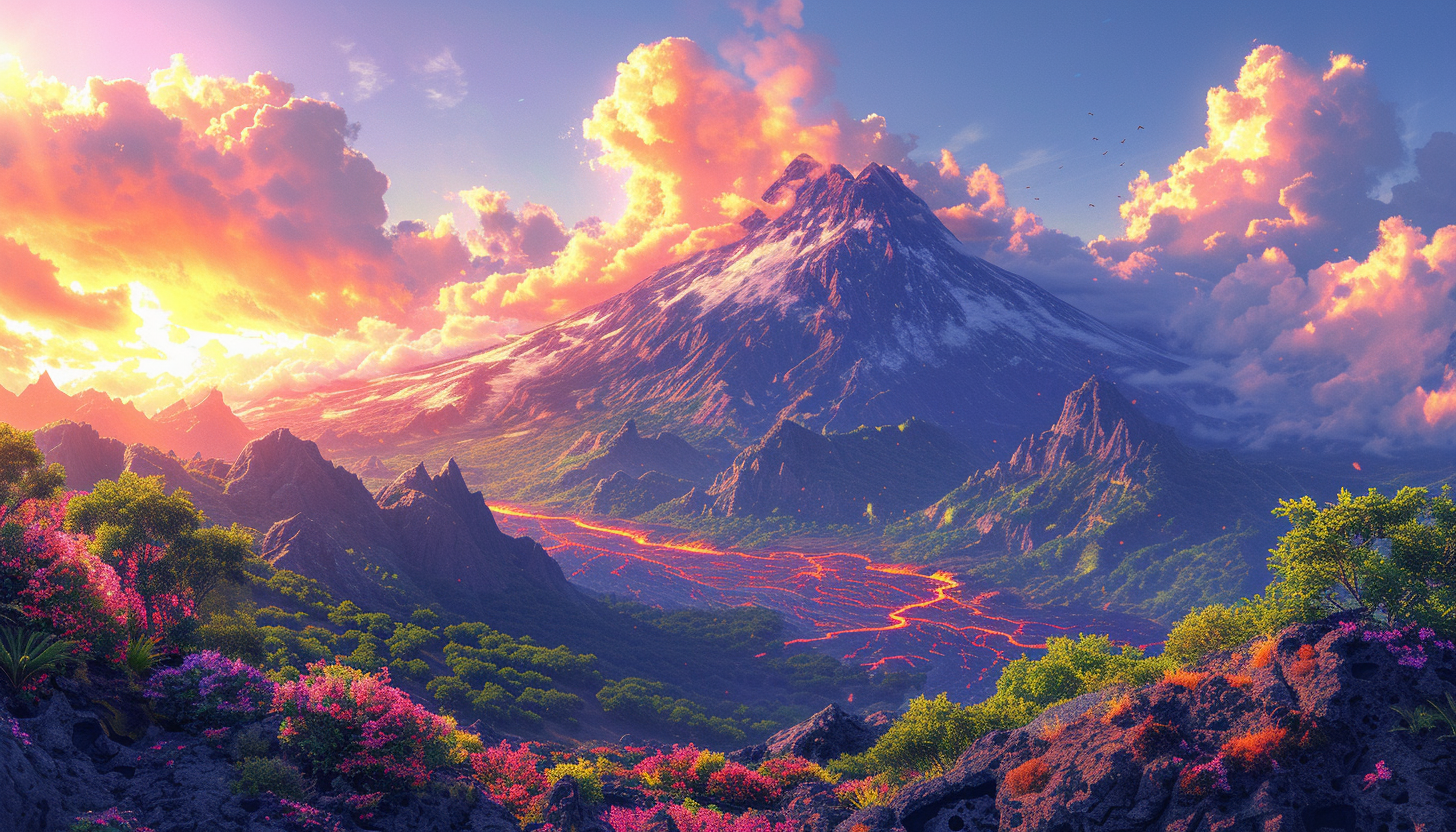 Dynamic volcanic landscape featuring a gently smoking volcano in the background, rugged lava fields, and resilient flora sprouting through the hardened lava.