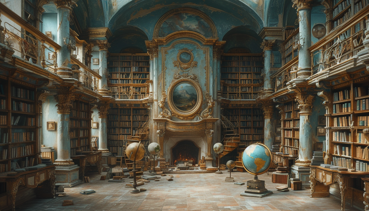 Ancient library filled with towering bookshelves, antique globes, a grand fireplace, and a spiral staircase leading to a hidden alcove.