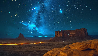 Witness a breathtaking meteor shower in a desert landscape, with shooting stars streaking across the vast, open night sky.