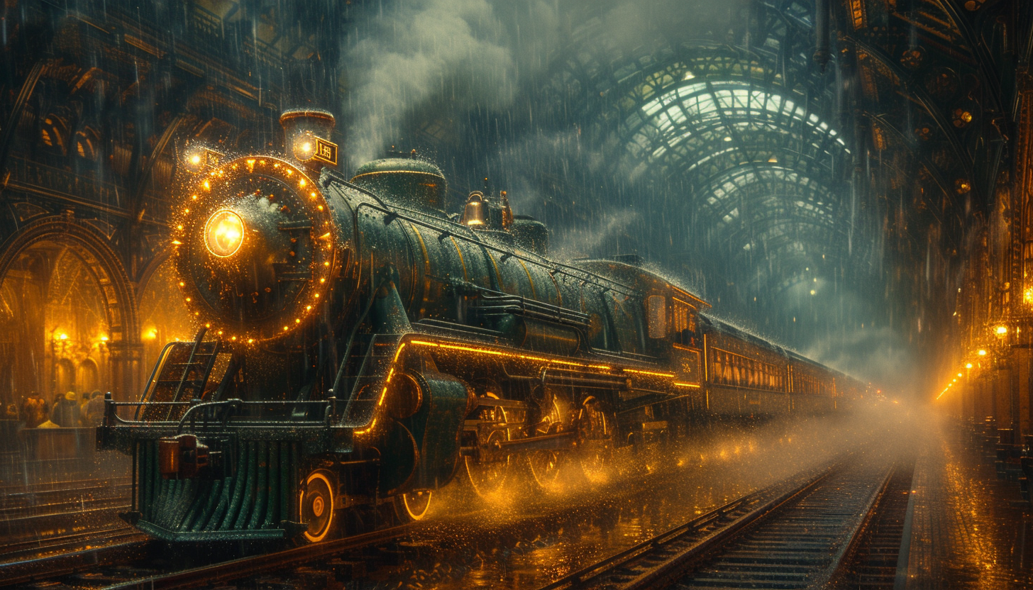 Roam through a Victorian-era steam locomotive station, with billowing steam, grand arches, and travelers from a bygone era.