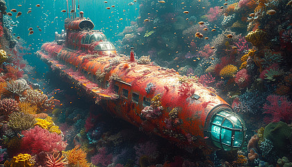 Deep sea adventure scene with a submarine exploring a coral-covered shipwreck, surrounded by diverse marine life and bioluminescent creatures.