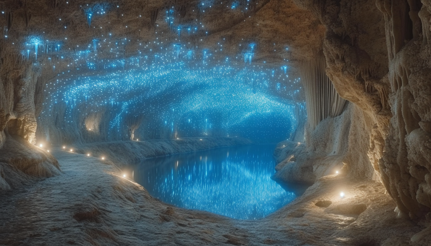 Enter a subterranean cavern illuminated by bioluminescent fungi, creating an eerie, phosphorescent underground world.