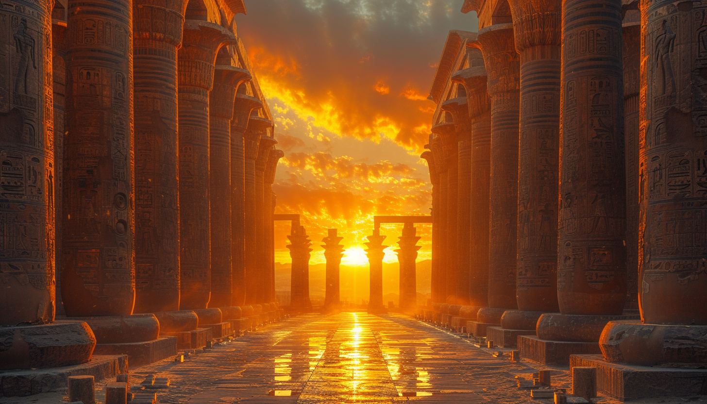 Explore an ancient Egyptian temple at sunset, where hieroglyphs adorn the walls, and the golden rays of the sun cast an enchanting glow.