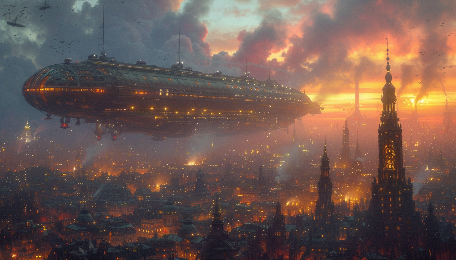 Immerse yourself in a dieselpunk metropolis, where towering smokestacks, dirigibles, and steam-powered vehicles define an alternative industrial era.