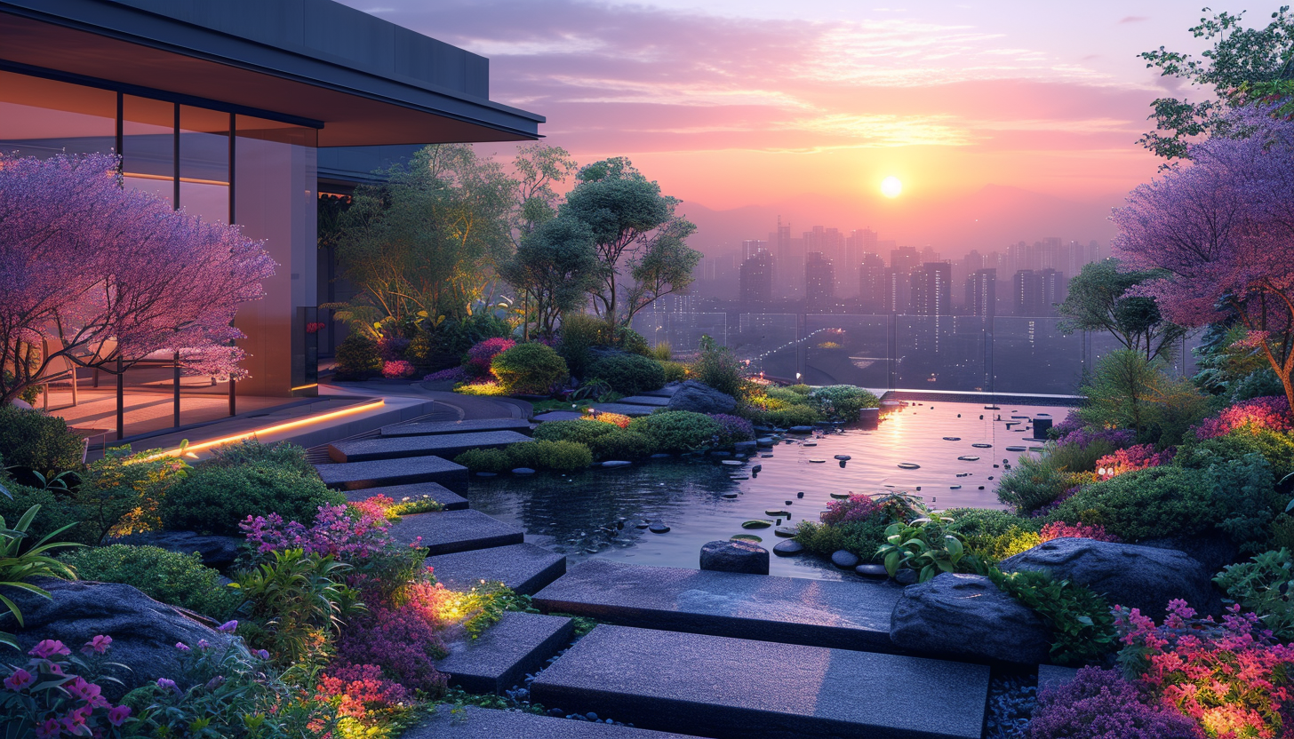 Lush rooftop garden in a modern city, featuring a variety of plants, a small pond, urban skyline in the background, and soft lighting.