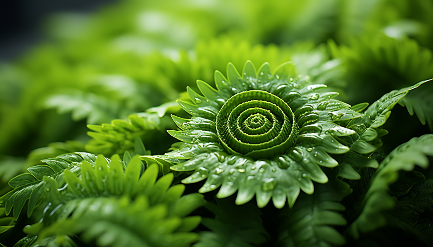 The mesmerizing pattern of a fern unfolding, captured in a macro shot.