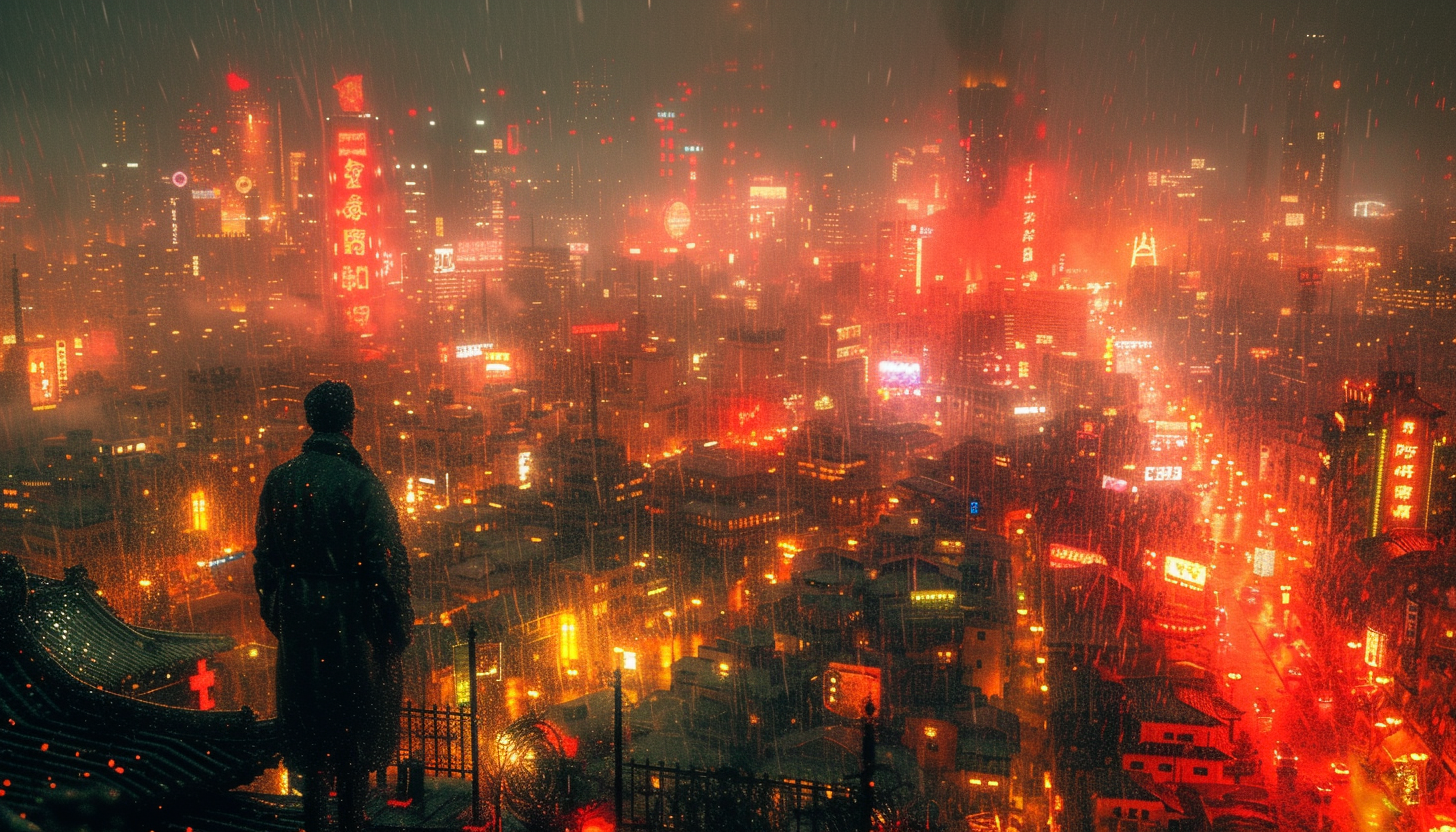 A cyberpunk cityscape in the rain, featuring neon signs, futuristic skyscrapers, and streets reflecting the glow of the city's lights.