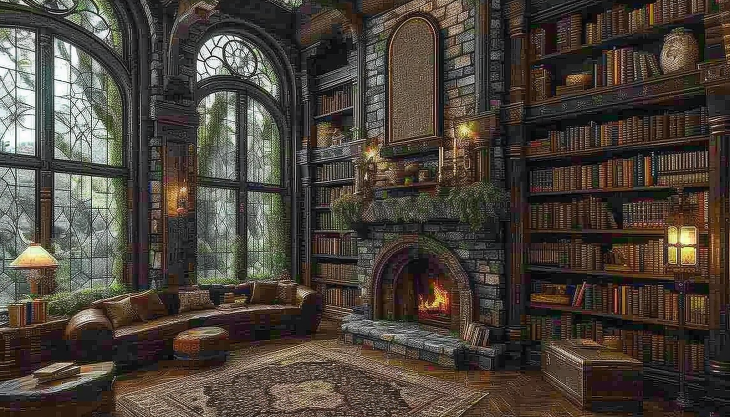Grand library in a medieval castle, with towering bookshelves, antique maps, a large fireplace, and stained glass windows.