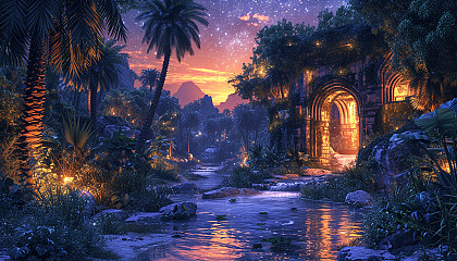 Nighttime in a desert oasis under a canopy of stars, with palm trees surrounding a small, serene pool of water, and the gentle rustling of nocturnal creatures.