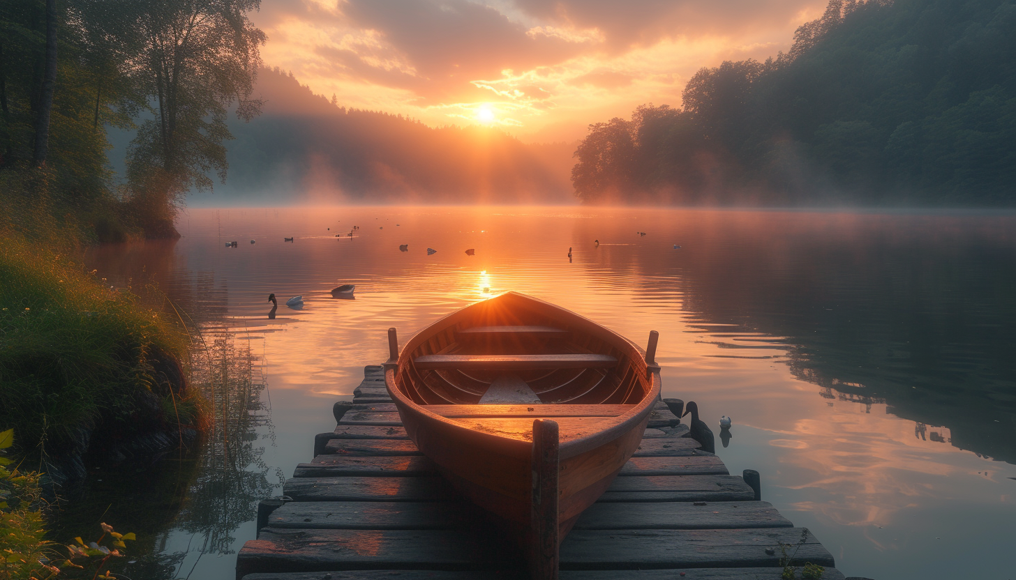 Tranquil lakeside retreat at dawn, with a wooden pier, rowboat, ducks swimming, and mist rising from the water.