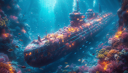Deep sea adventure scene with a submarine exploring a coral-covered shipwreck, surrounded by diverse marine life and bioluminescent creatures.