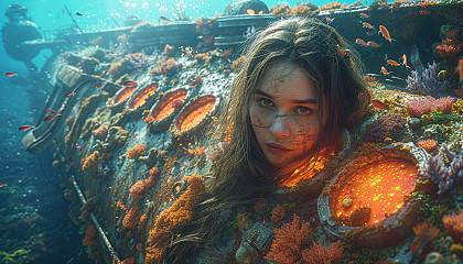 Deep sea adventure scene with a submarine exploring a coral-covered shipwreck, surrounded by diverse marine life and bioluminescent creatures.