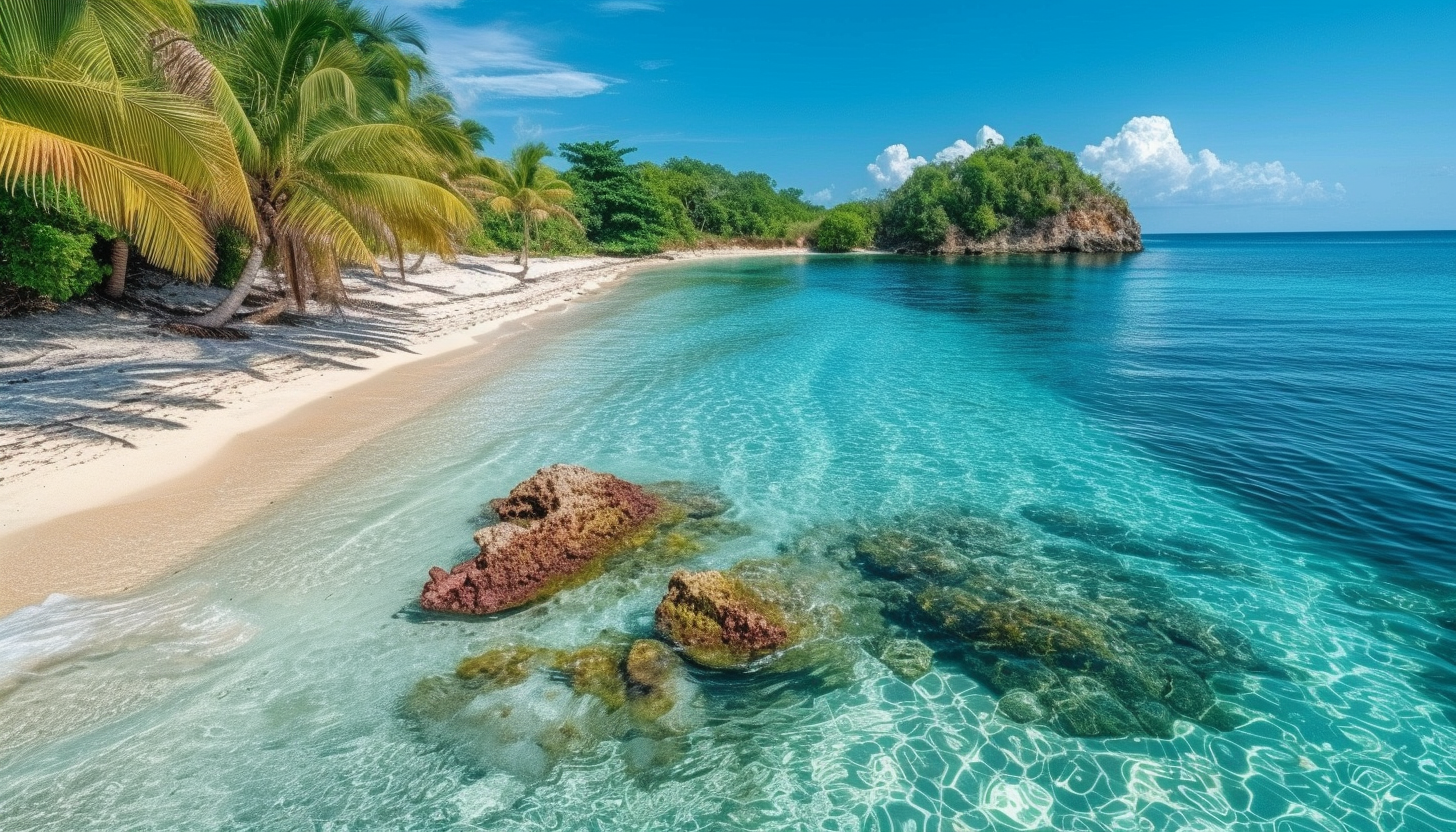 Lively tropical beach scene at midday with crystal-clear waters, white sandy shores, palm trees swaying in the breeze, and a colorful coral reef visible in the shallow water.