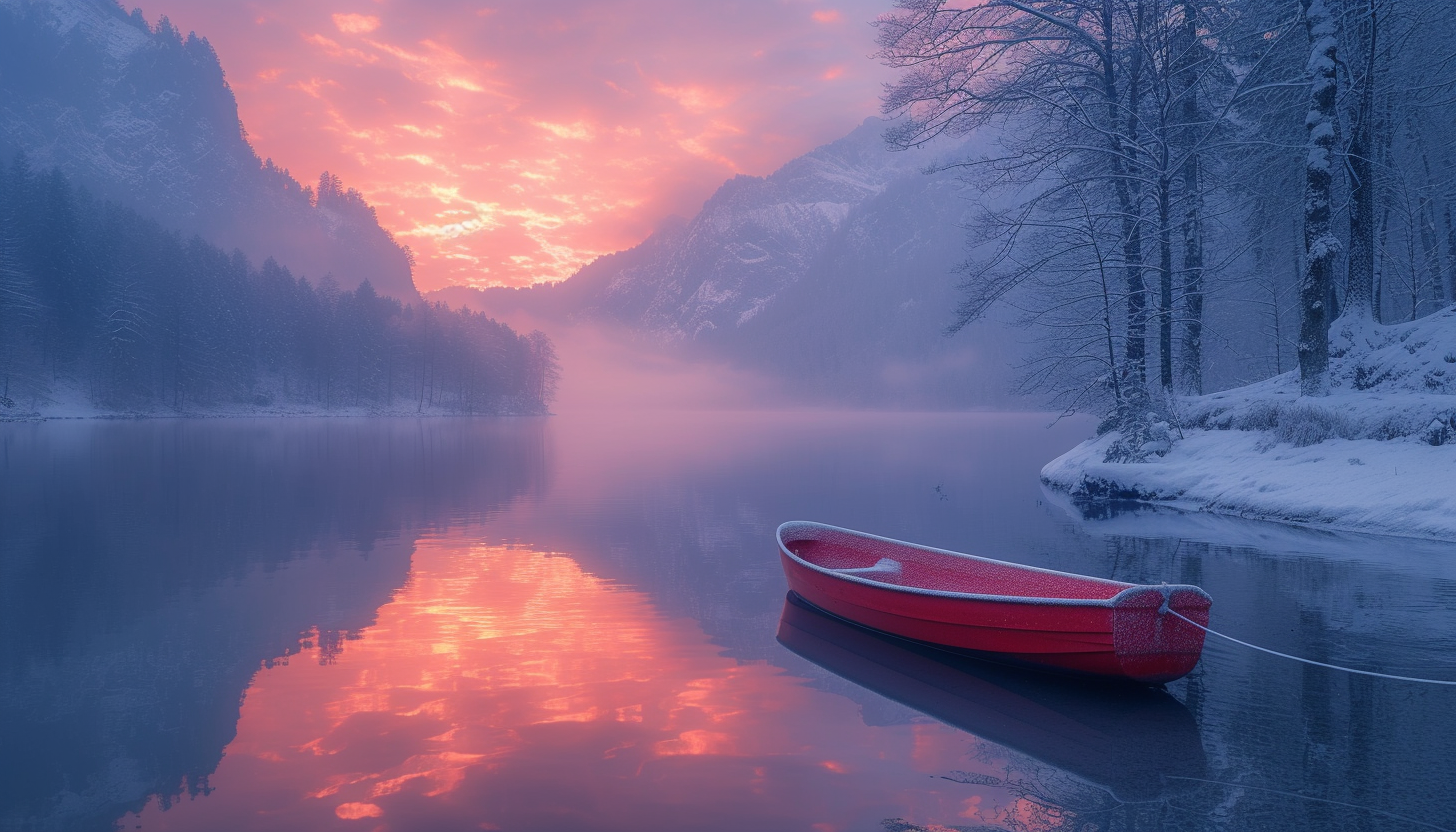 Discover a tranquil lakeside scene at dawn, where mist rises from the water, and the first light of day paints the sky with delicate pastels.