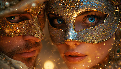 Attend a lavish masquerade ball in a Venetian palace, with ornate masks, candlelit chandeliers, and guests dancing under the starry night sky.