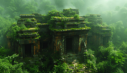 Abandoned ancient temple in a dense jungle, overrun by vines, with mysterious statues and a hidden treasure chest.