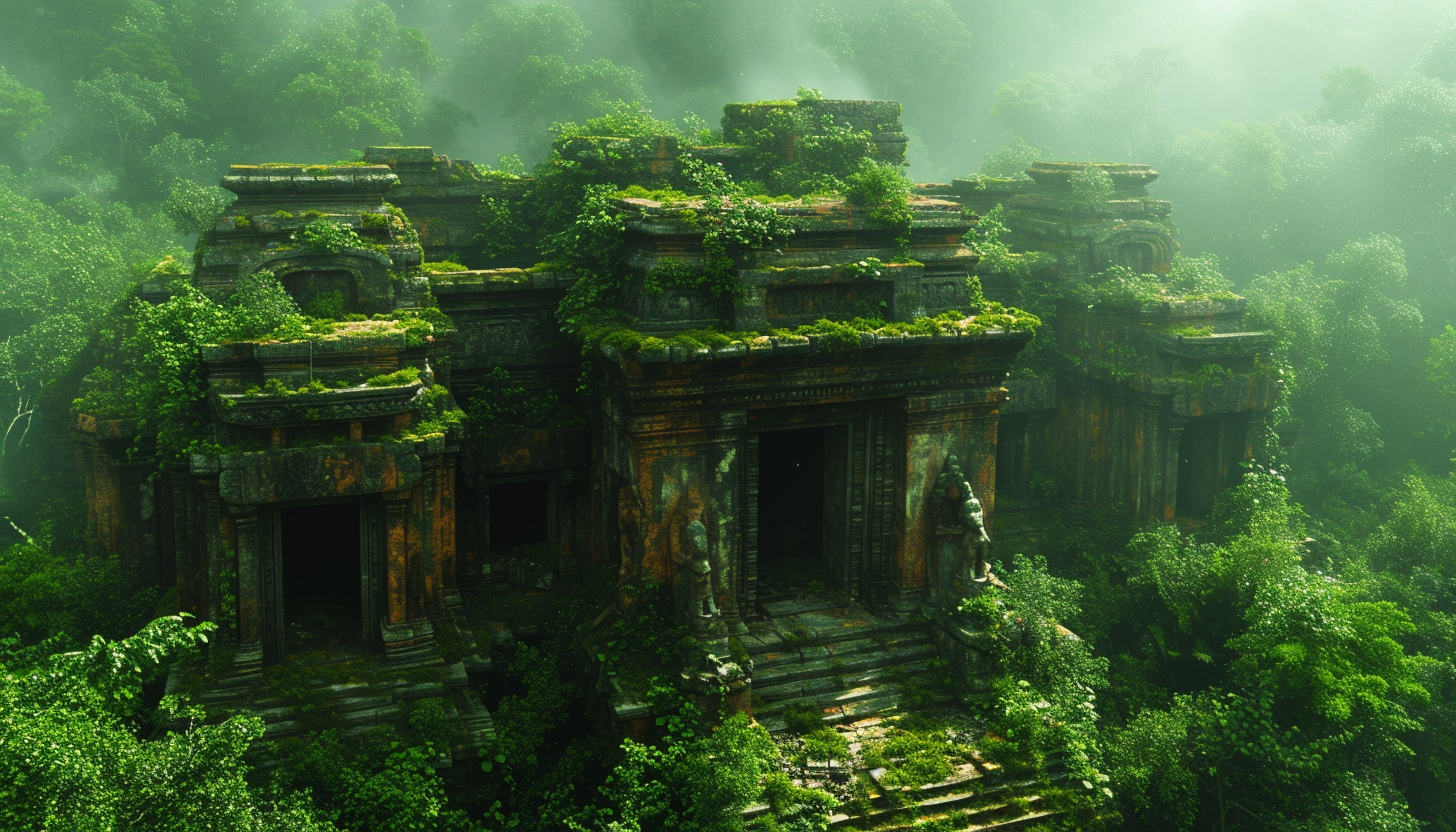 Abandoned ancient temple in a dense jungle, overrun by vines, with mysterious statues and a hidden treasure chest.