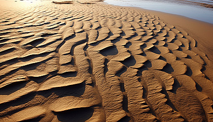 Sand patterns left by the retreating tide on a beach.