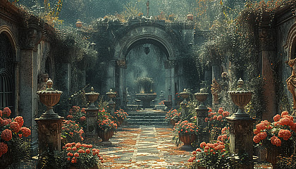 Discover a secret garden hidden within an overgrown maze, filled with hidden treasures, enchanting statues, and a sense of mystery.