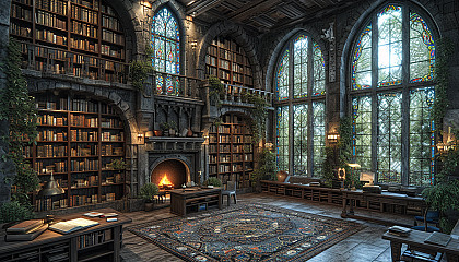 Grand library in a medieval castle, with towering bookshelves, antique maps, a large fireplace, and stained glass windows.