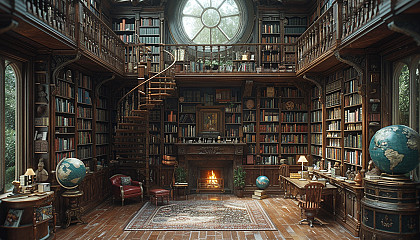 Ancient library filled with towering bookshelves, antique globes, a grand fireplace, and a spiral staircase leading to a hidden alcove.