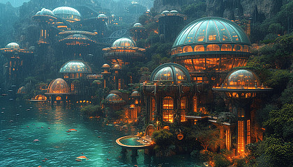 A futuristic underwater city, complete with glass domes, marine life, and advanced architecture beneath the ocean's surface.