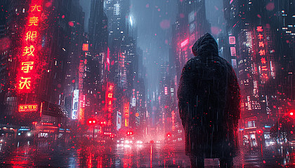 Immerse yourself in a dystopian cyberpunk cityscape, where towering megacorporation buildings cast shadows over neon-lit streets.