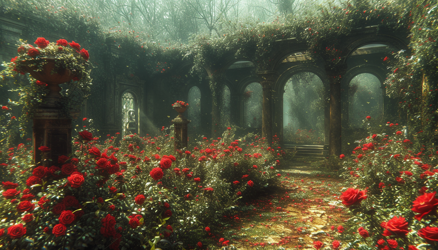 Discover a secret garden hidden within an overgrown maze, filled with hidden treasures, enchanting statues, and a sense of mystery.