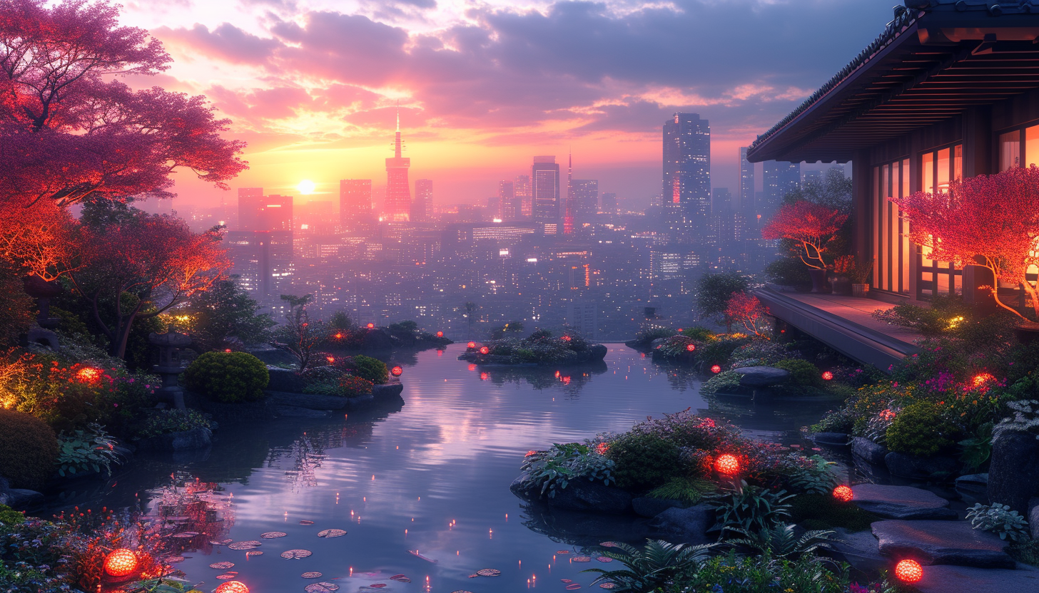 Lush rooftop garden in a modern city, featuring a variety of plants, a small pond, urban skyline in the background, and soft lighting.